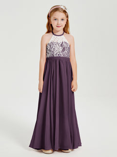 Long Chiffon Bridesmaid Dresses Lace Top Plum