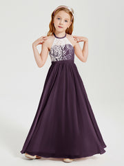 Long Chiffon Bridesmaid Dresses Lace Top Plum