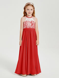 Long Chiffon Bridesmaid Dresses Lace Top Red