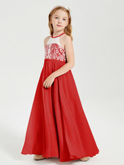 Long Chiffon Bridesmaid Dresses Lace Top Red