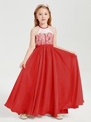 Long Chiffon Bridesmaid Dresses Lace Top Red