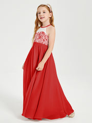 Long Chiffon Bridesmaid Dresses Lace Top Red