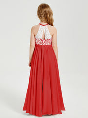 Long Chiffon Bridesmaid Dresses Lace Top Red
