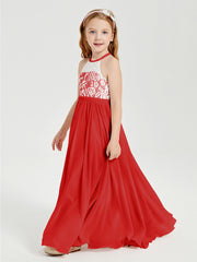 Long Chiffon Bridesmaid Dresses Lace Top Red