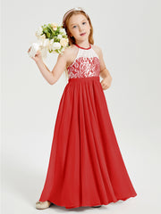 Long Chiffon Bridesmaid Dresses Lace Top Red