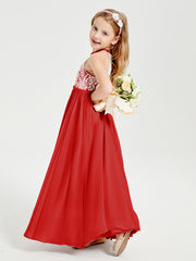 Long Chiffon Bridesmaid Dresses Lace Top Red