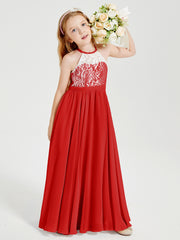 Long Chiffon Bridesmaid Dresses Lace Top Red