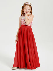 Long Chiffon Bridesmaid Dresses Lace Top Red