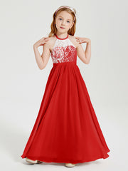 Long Chiffon Bridesmaid Dresses Lace Top Red