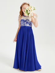Long Chiffon Bridesmaid Dresses Lace Top Royal Blue