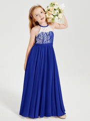 Long Chiffon Bridesmaid Dresses Lace Top Royal Blue
