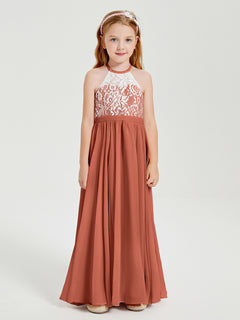 Long Chiffon Bridesmaid Dresses Lace Top Rust