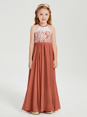 Long Chiffon Bridesmaid Dresses Lace Top Rust