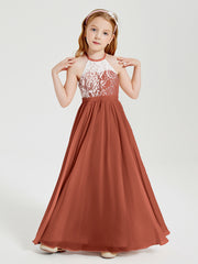 Long Chiffon Bridesmaid Dresses Lace Top Rust