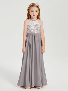 Long Chiffon Bridesmaid Dresses Lace Top Silver