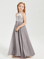 Long Chiffon Bridesmaid Dresses Lace Top Silver