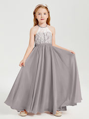 Long Chiffon Bridesmaid Dresses Lace Top Silver