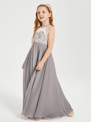 Long Chiffon Bridesmaid Dresses Lace Top Silver