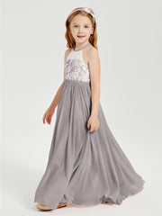 Long Chiffon Bridesmaid Dresses Lace Top Silver