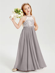 Long Chiffon Bridesmaid Dresses Lace Top Silver