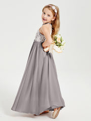 Long Chiffon Bridesmaid Dresses Lace Top Silver