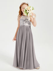 Long Chiffon Bridesmaid Dresses Lace Top Silver