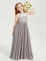 Long Chiffon Bridesmaid Dresses Lace Top Silver
