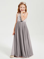 Long Chiffon Bridesmaid Dresses Lace Top Silver