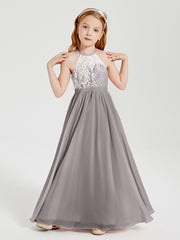 Long Chiffon Bridesmaid Dresses Lace Top Silver