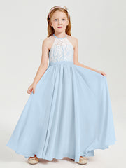 Long Chiffon Bridesmaid Dresses Lace Top Sky Blue