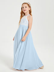 Long Chiffon Bridesmaid Dresses Lace Top Sky Blue