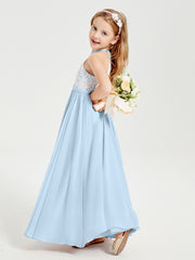 Long Chiffon Bridesmaid Dresses Lace Top Sky Blue