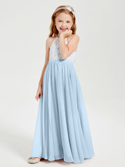 Long Chiffon Bridesmaid Dresses Lace Top Sky Blue