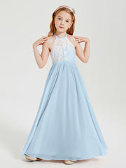 Long Chiffon Bridesmaid Dresses Lace Top Sky Blue