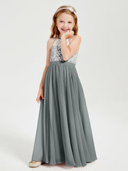 Long Chiffon Bridesmaid Dresses Lace Top Steel Grey
