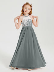 Long Chiffon Bridesmaid Dresses Lace Top Steel Grey