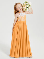 Long Chiffon Bridesmaid Dresses Lace Top Tangerine
