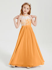 Long Chiffon Bridesmaid Dresses Lace Top Tangerine