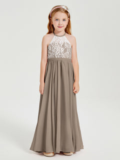 Long Chiffon Bridesmaid Dresses Lace Top Taupe