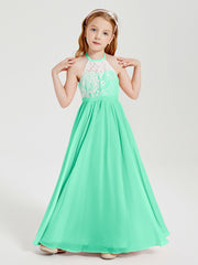 Long Chiffon Bridesmaid Dresses Lace Top Turquoise