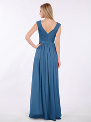 V Neck Chiffon Gown with Cap Sleeves Ink Blue