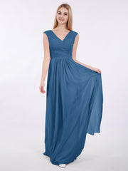 V Neck Chiffon Gown with Cap Sleeves Ink Blue