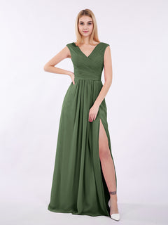 V Neck Chiffon Gown with Cap Sleeves Olive Green