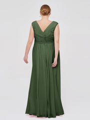 V Neck Chiffon Gown with Cap Sleeves Olive Green