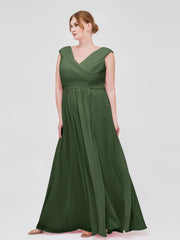 V Neck Chiffon Gown with Cap Sleeves Olive Green