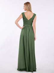 V Neck Chiffon Gown with Cap Sleeves Olive Green