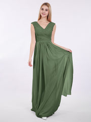 V Neck Chiffon Gown with Cap Sleeves Olive Green