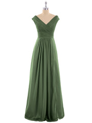 V Neck Chiffon Gown with Cap Sleeves Olive Green
