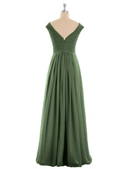 V Neck Chiffon Gown with Cap Sleeves Olive Green