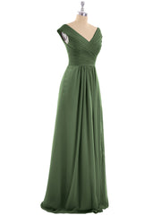 V Neck Chiffon Gown with Cap Sleeves Olive Green